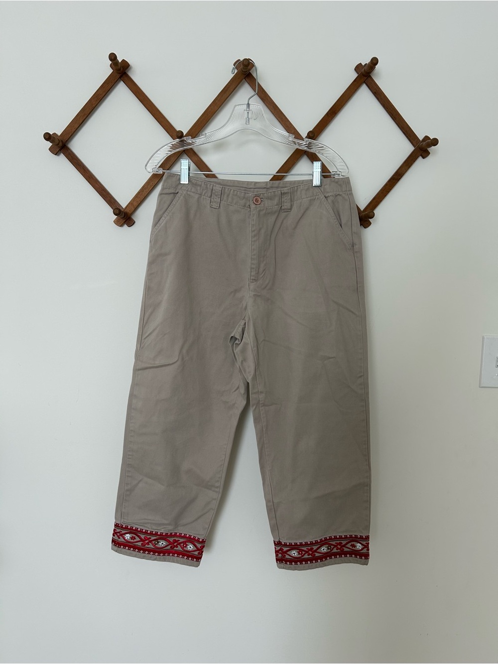 Vintage Taupe Cropped Pants with Red Embroidered Hem